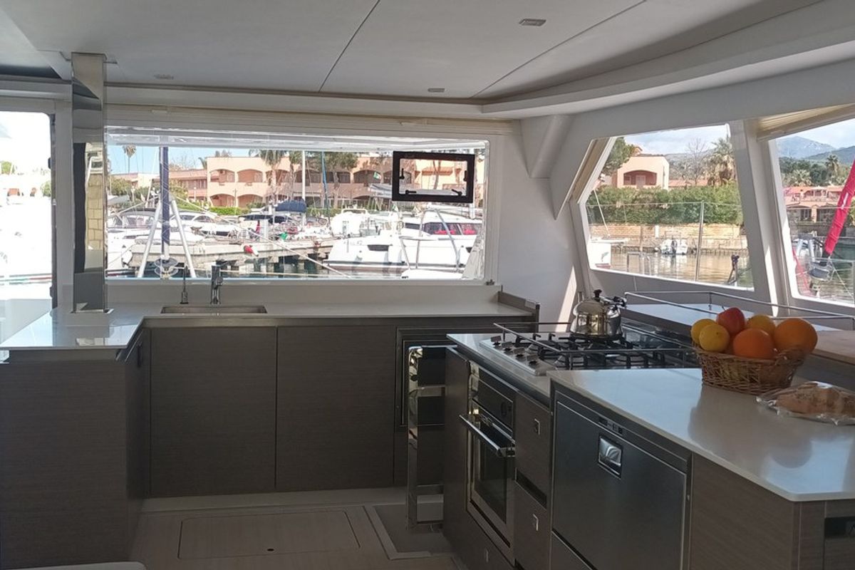 Galley of Pannonica, a Leopard 50 catamaran at Tonnarella, Italy
