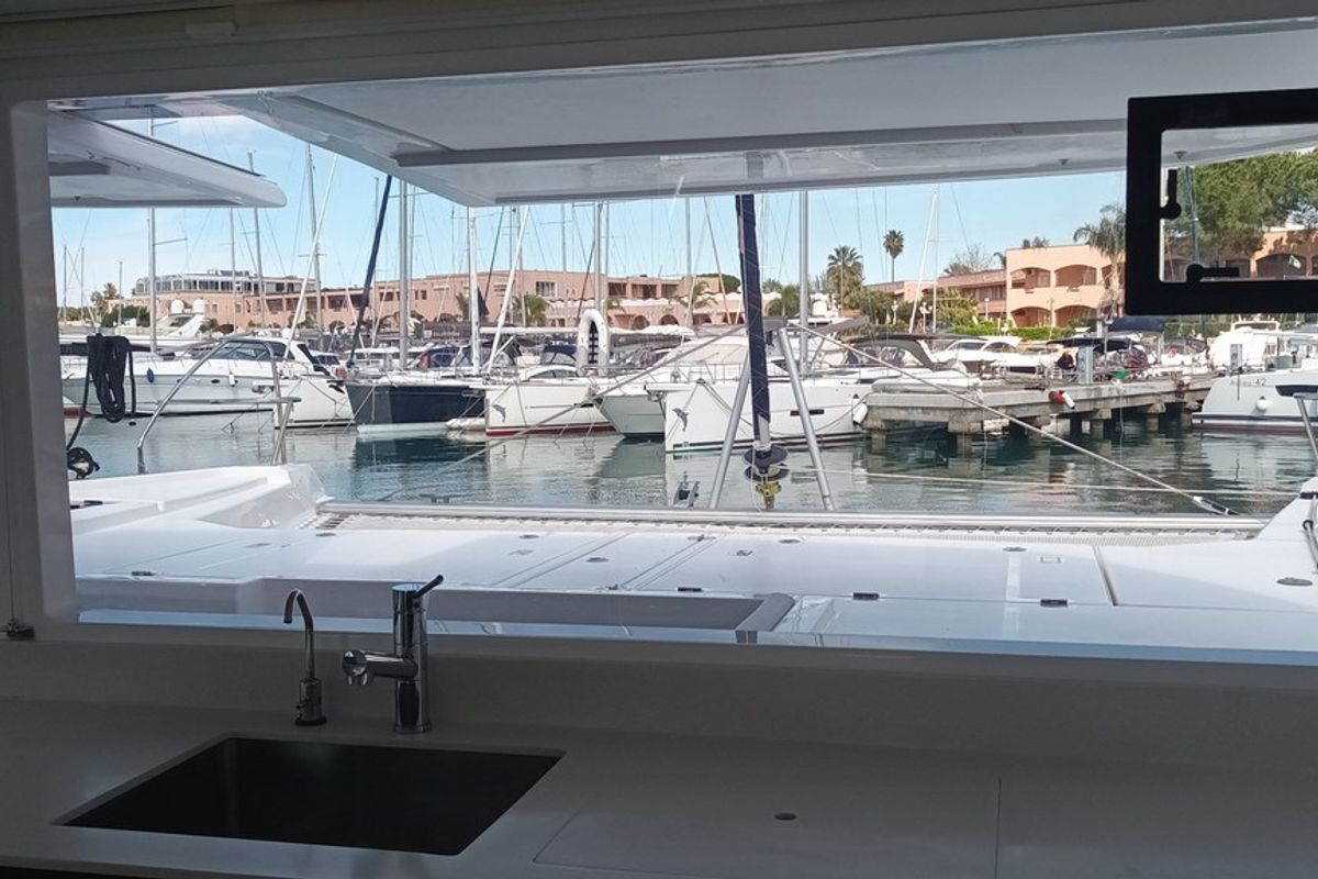 Galley of Pannonica, a Leopard 50 catamaran at Tonnarella, Italy