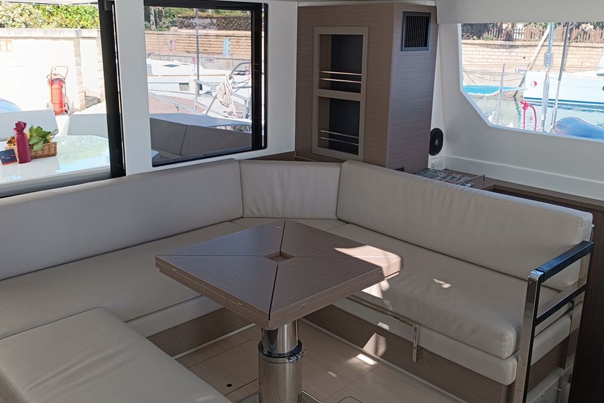 Salon of Pannonica, a Leopard 50 catamaran at Tonnarella, Italy