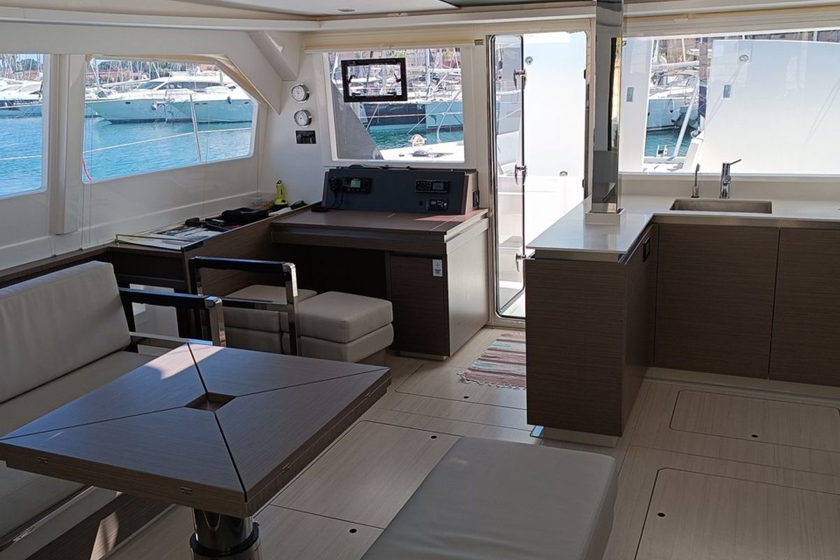 Salon of Pannonica, a Leopard 50 catamaran at Tonnarella, Italy