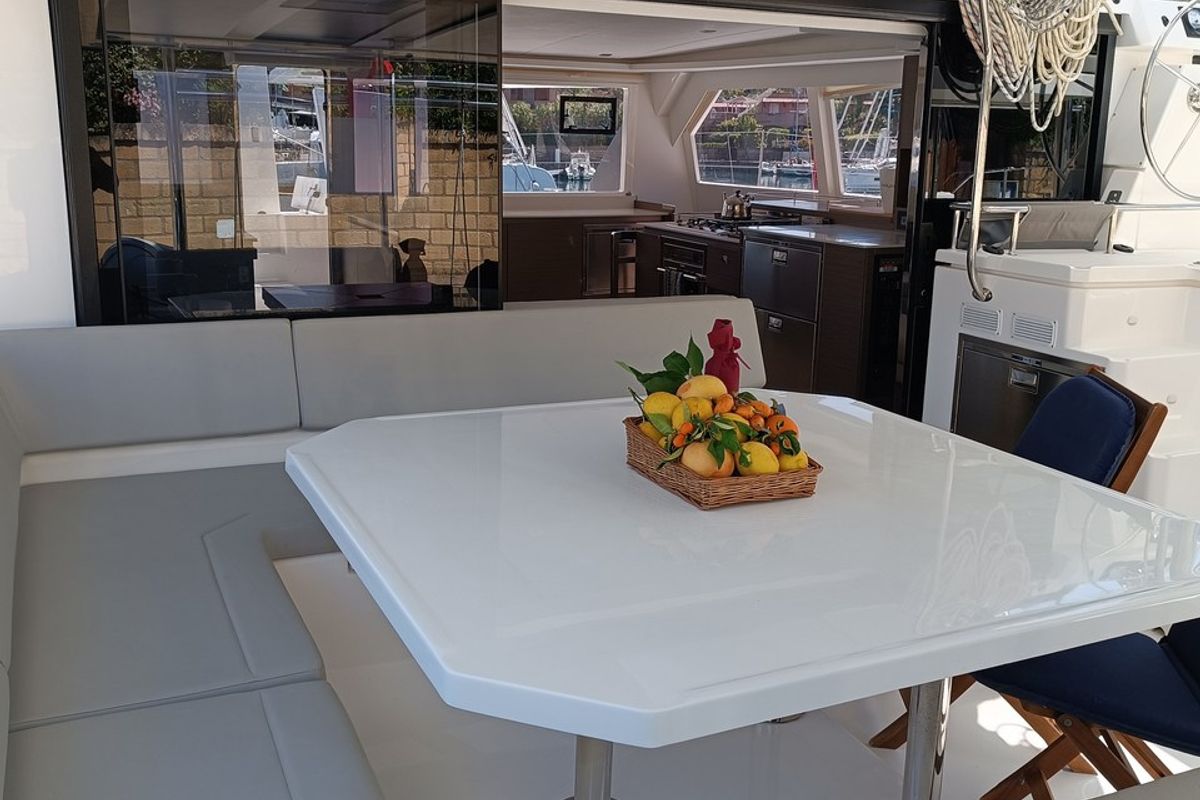 Deck of Pannonica, a Leopard 50 catamaran at Tonnarella, Italy