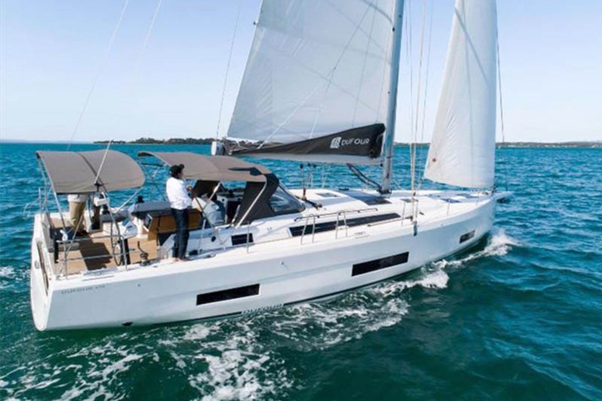 Exterior view of Adelante, a Dufour 470 sailboat at Grad Šibenik, Croatia