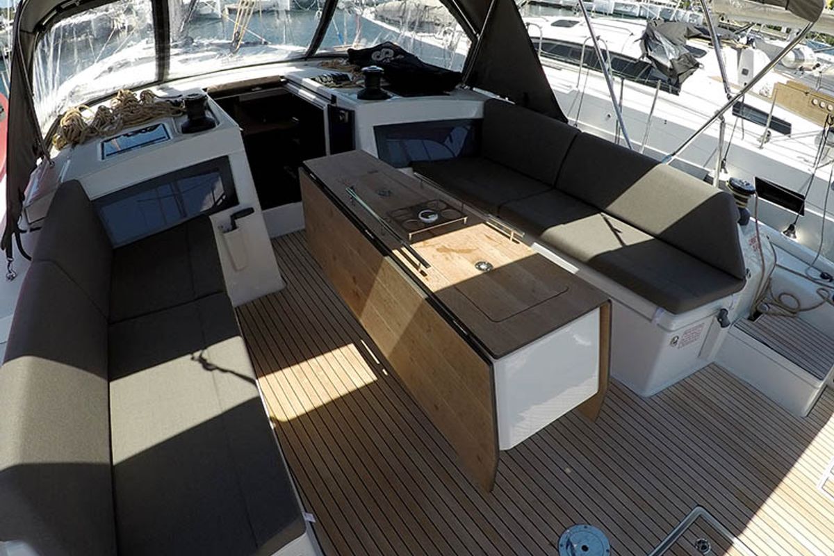 Deck of Adelante, a Dufour 470 sailboat at Grad Šibenik, Croatia