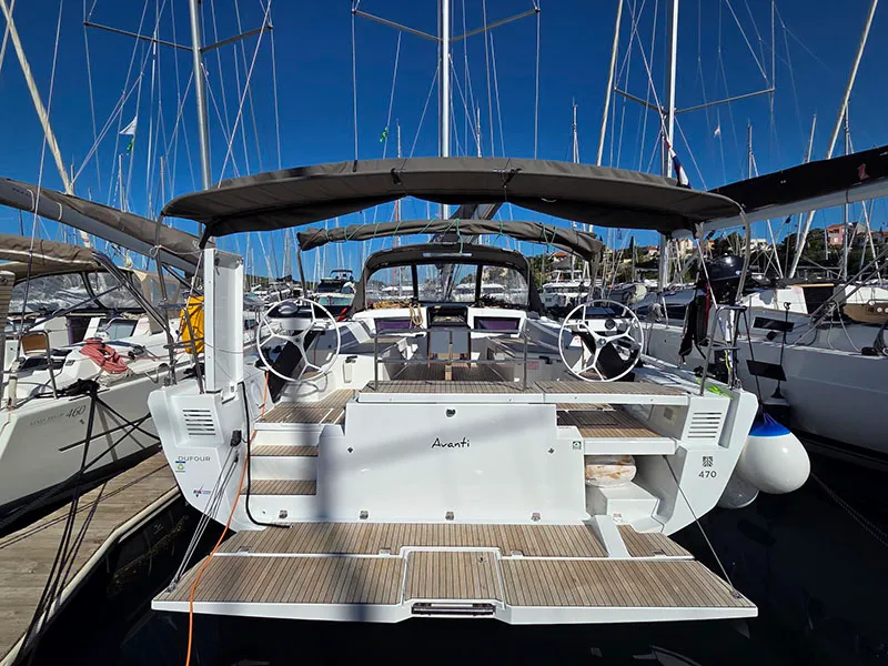 Deck of Adelante, a Dufour 470 sailboat at Grad Šibenik, Croatia