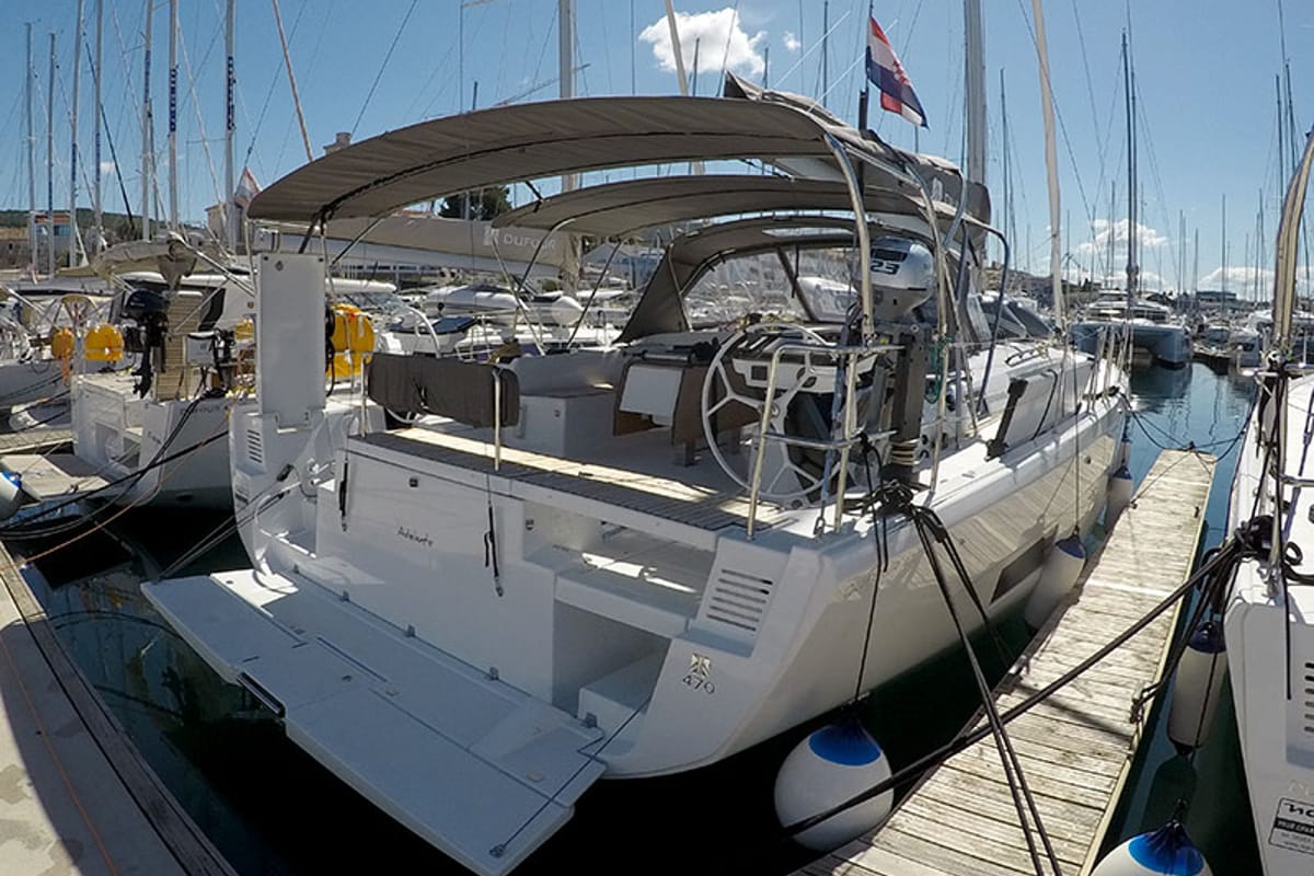Exterior view of Adelante, a Dufour 470 sailboat at Grad Šibenik, Croatia