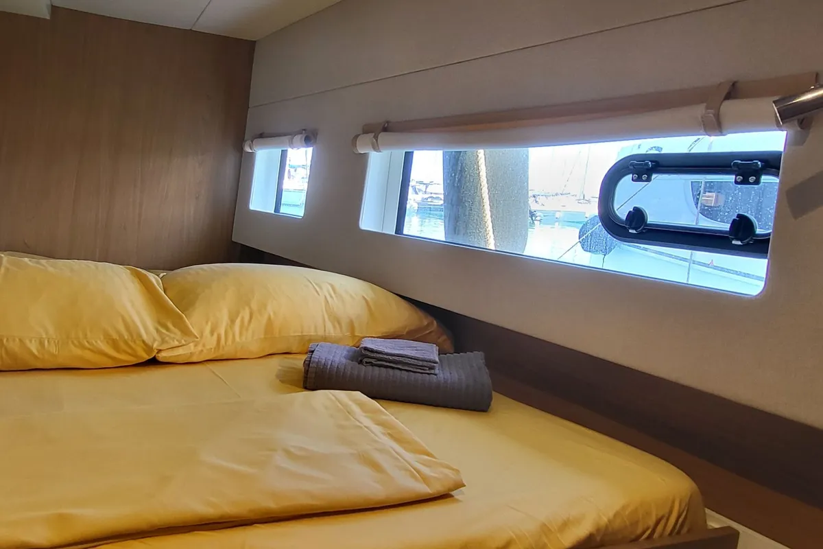 Cabin on Free Wheeler, a Bali Catsmart catamaran at Procida, Italy