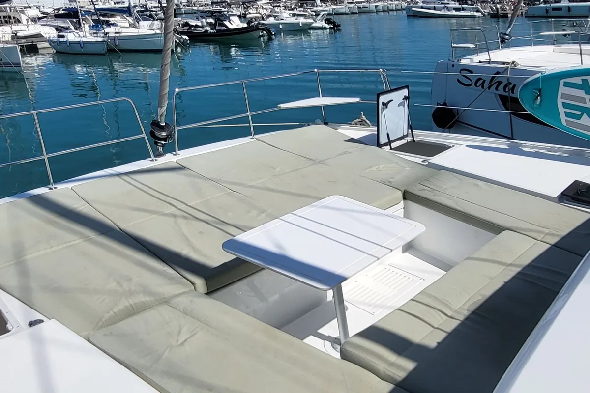 Deck of Free Wheeler, a Bali Catsmart catamaran at Procida, Italy