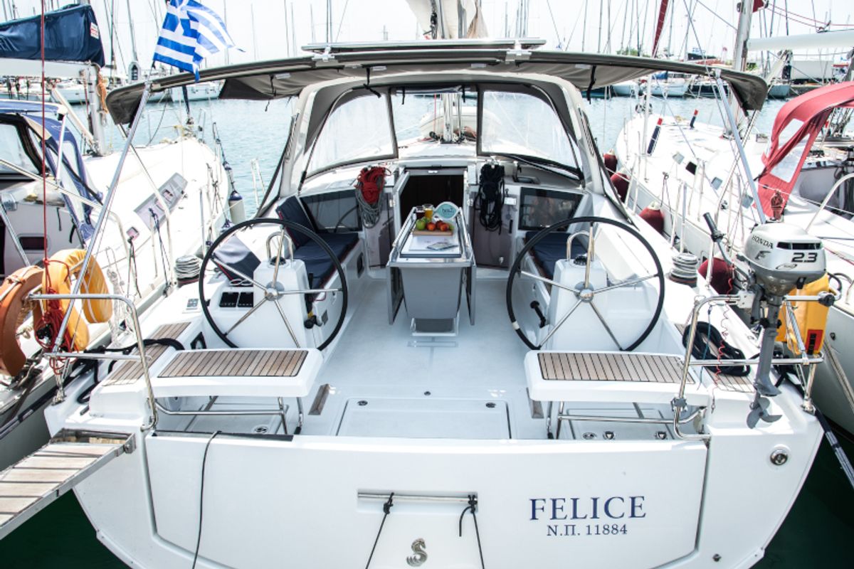Exterior view of Felice, a Beneteau Oceanis 41.1 sailboat at Athens, Greece