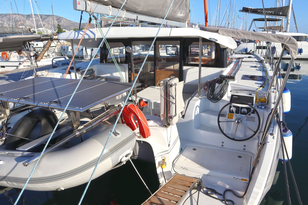 Deck of MOTU ONE, a Excess 11 catamaran at Athens, Greece
