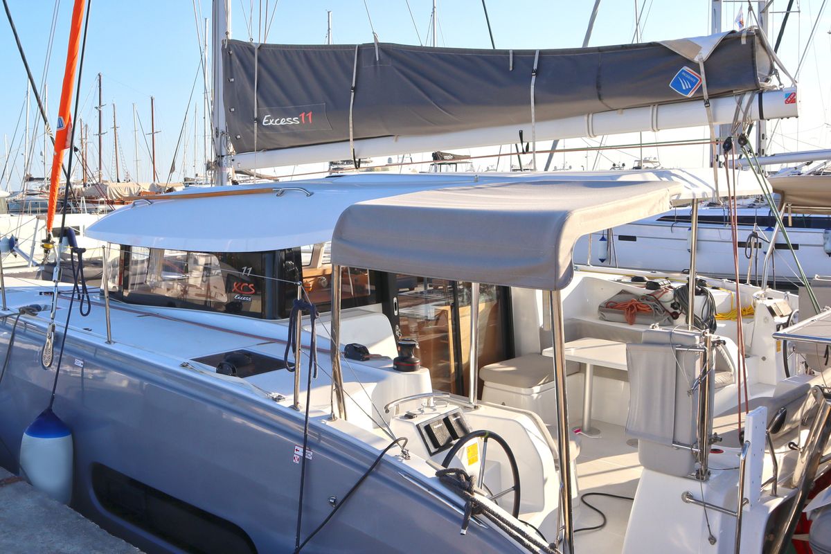 Deck of MOTU ONE, a Excess 11 catamaran at Athens, Greece