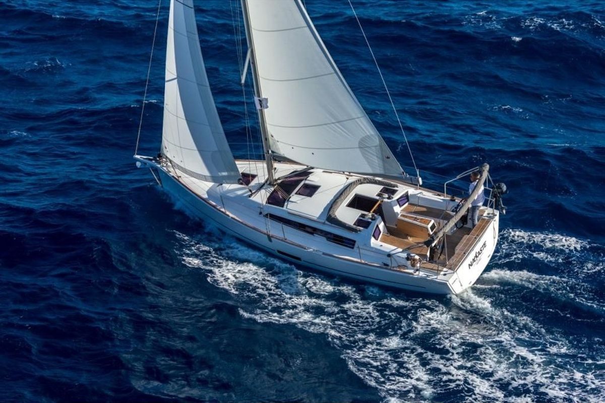 Exterior view of Estelle, a Dufour 360 Grand Large sailboat at Fisksätra, Sweden