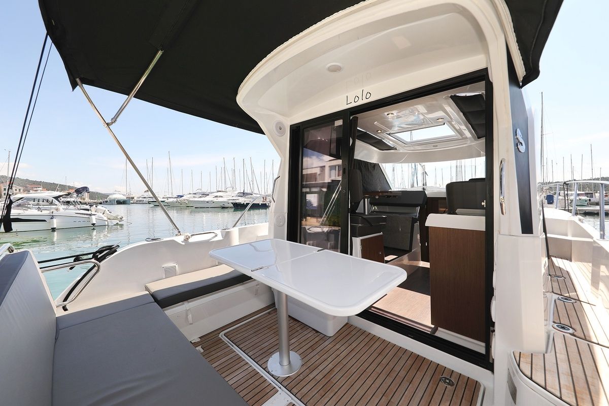 Deck of Lolo, a Beneteau Antares 9 OB motorboat at Pirovac, Croatia