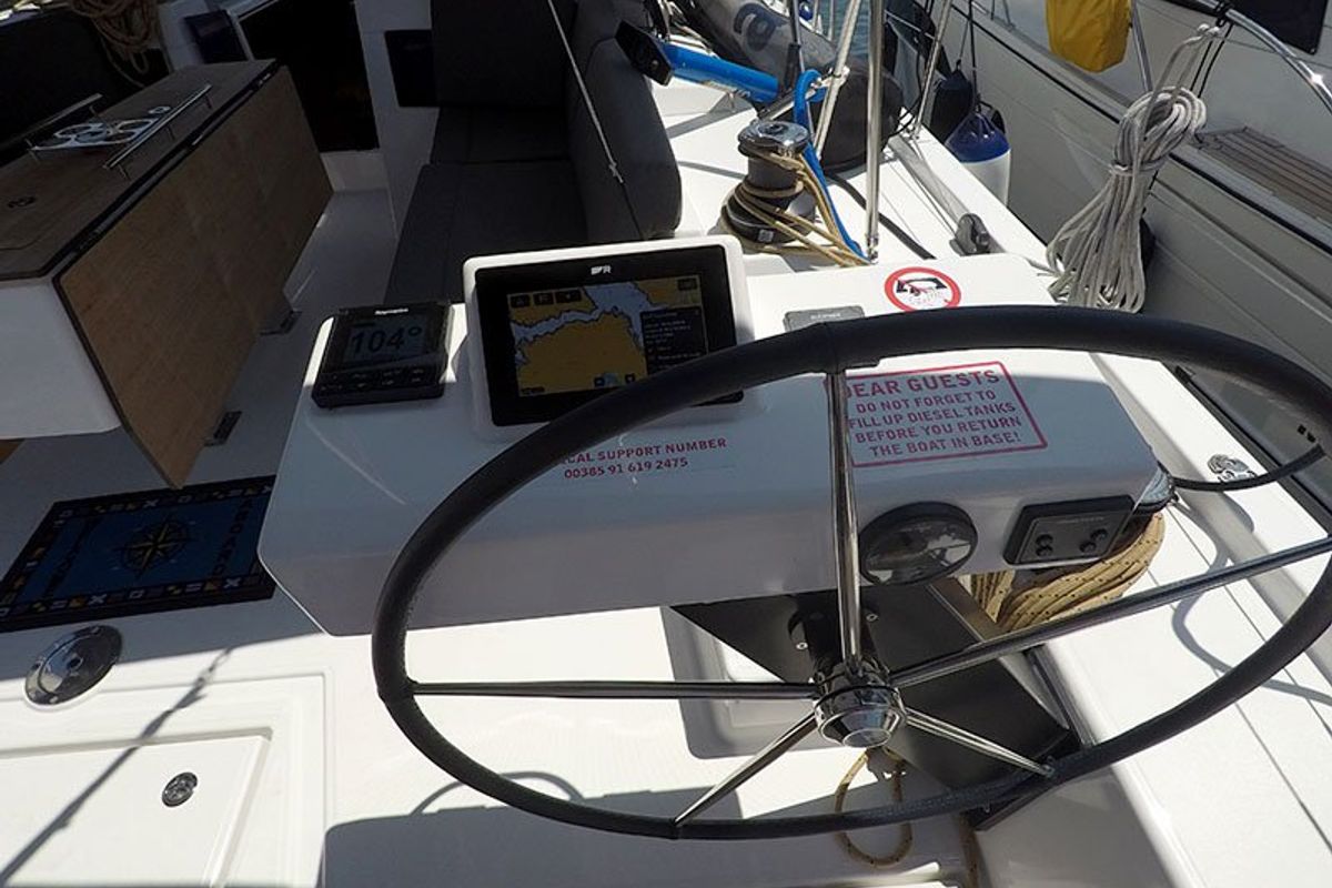 Cockpit of Ljubov, a Dufour 470 sailboat at Grad Šibenik, Croatia