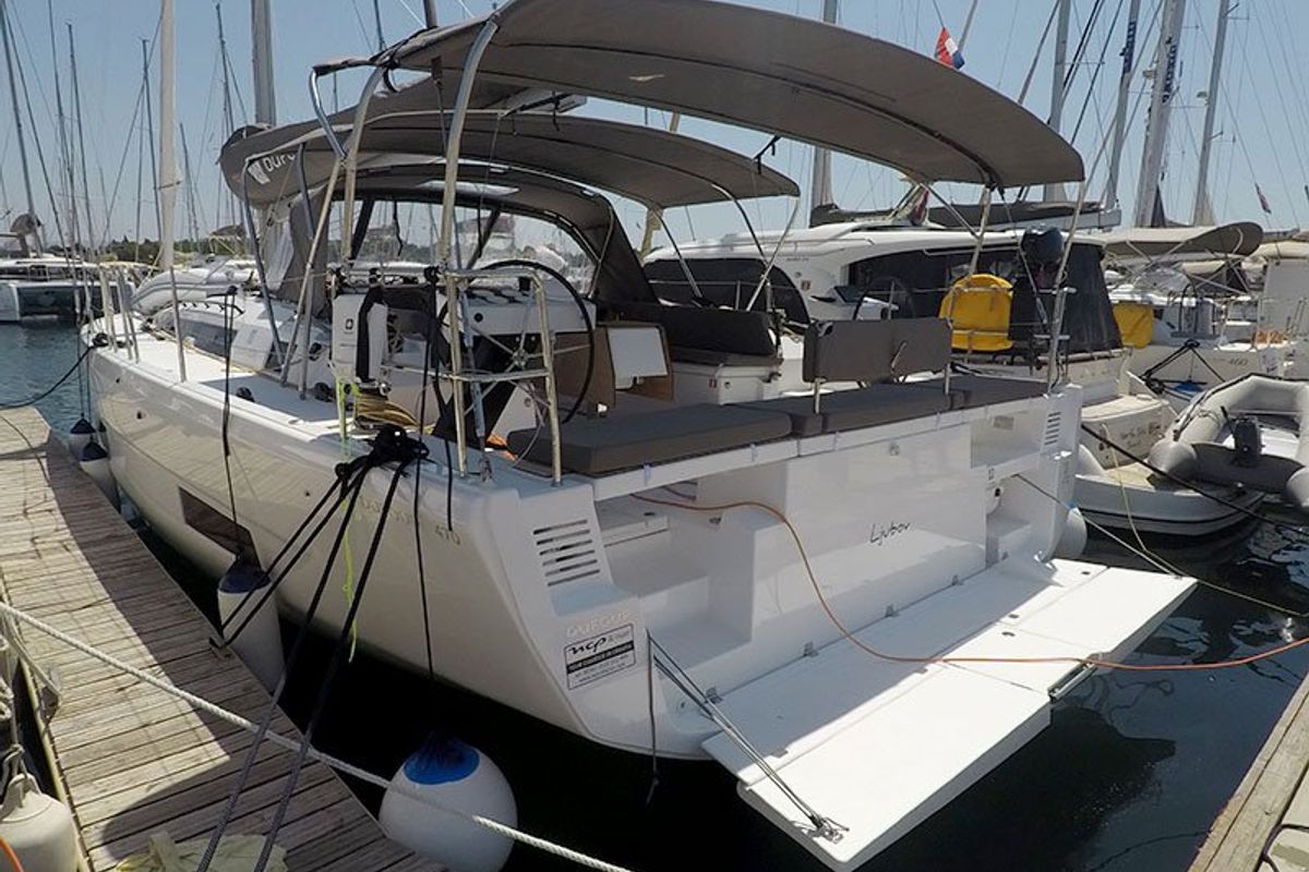 Exterior view of Ljubov, a Dufour 470 sailboat at Grad Šibenik, Croatia