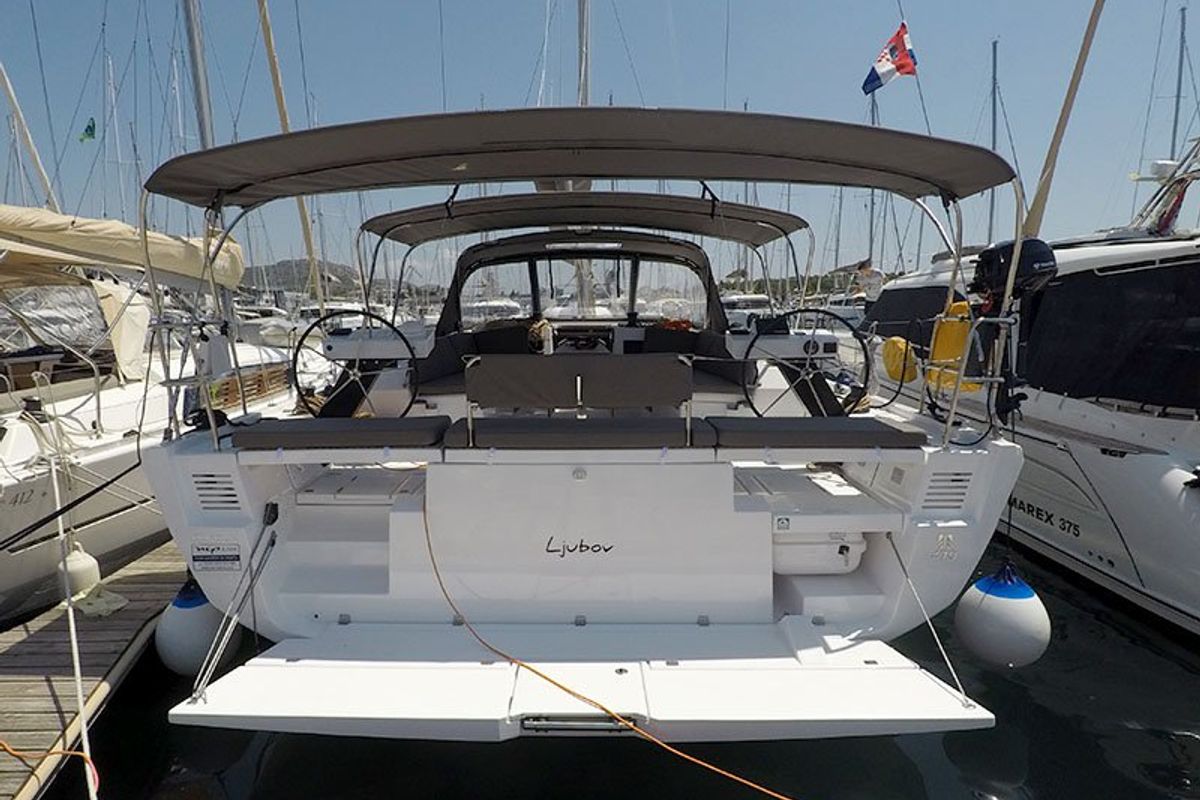 Exterior view of Ljubov, a Dufour 470 sailboat at Grad Šibenik, Croatia