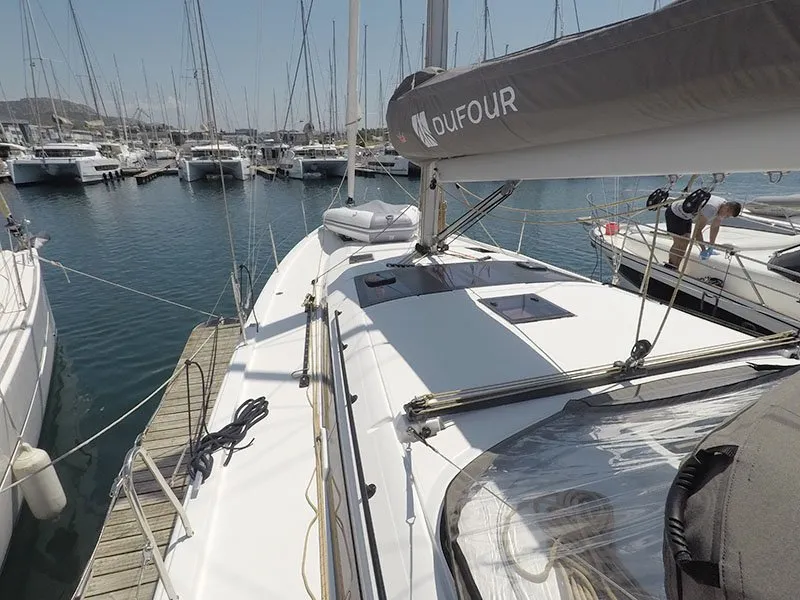 Deck of Ljubov, a Dufour 470 sailboat at Grad Šibenik, Croatia
