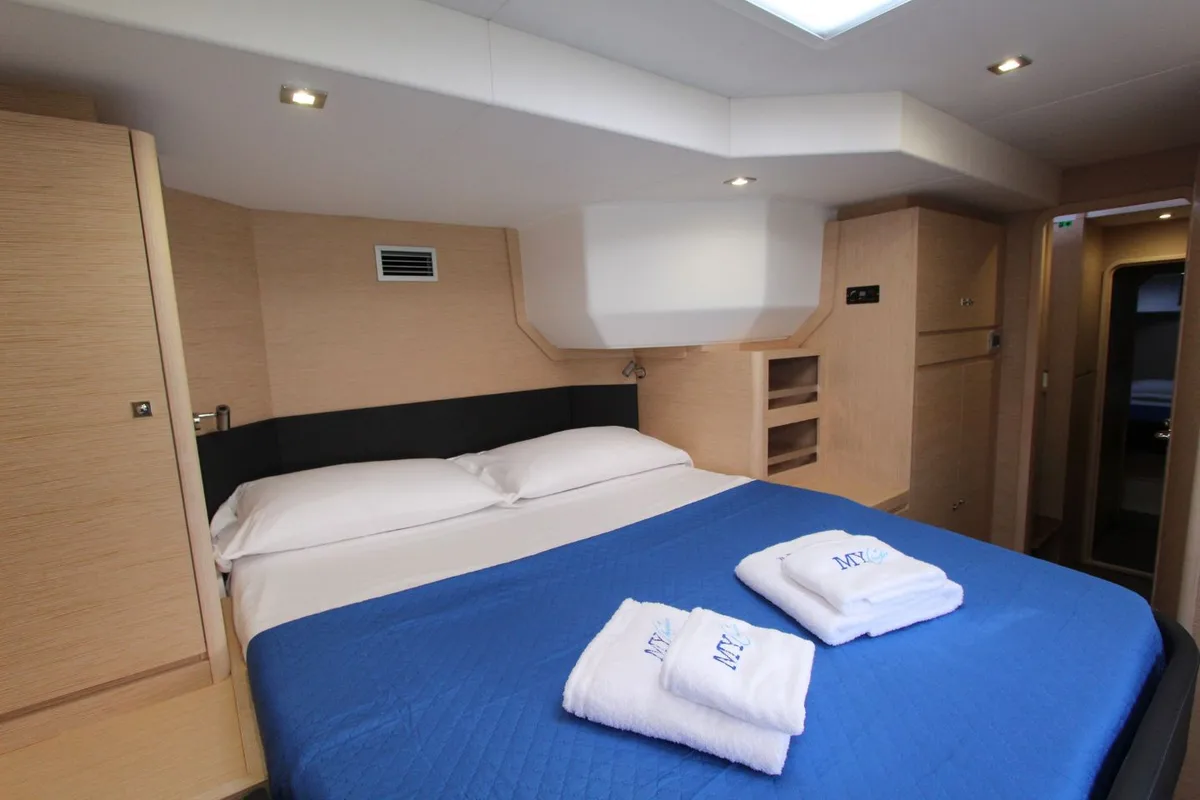 Cabin on Stella, a Dufour Catamaran 48 catamaran at Olbia, Italy