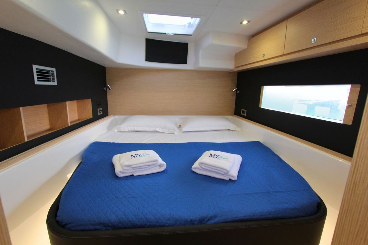 Cabin on Stella, a Dufour Catamaran 48 catamaran at Olbia, Italy