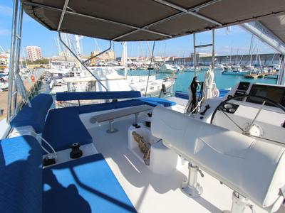 Cockpit of Stella, a Dufour Catamaran 48 catamaran at Olbia, Italy
