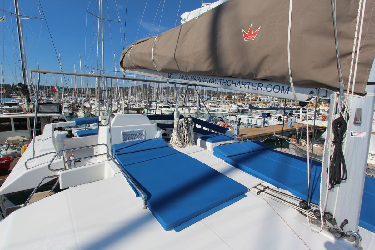 Deck of Stella, a Dufour Catamaran 48 catamaran at Olbia, Italy