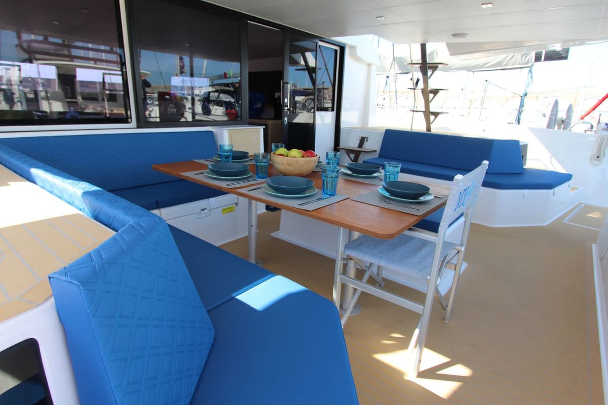 Deck of Stella, a Dufour Catamaran 48 catamaran at Olbia, Italy