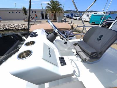 Cockpit of Solis, a Beneteau Antares 11 Fly OB motorboat at Grad Biograd na Moru, Croatia