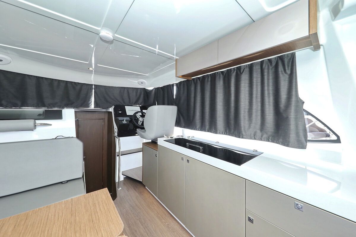 Salon of Solis, a Beneteau Antares 11 Fly OB motorboat at Grad Biograd na Moru, Croatia