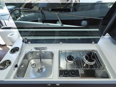 Galley of Solis, a Beneteau Antares 11 Fly OB motorboat at Grad Biograd na Moru, Croatia