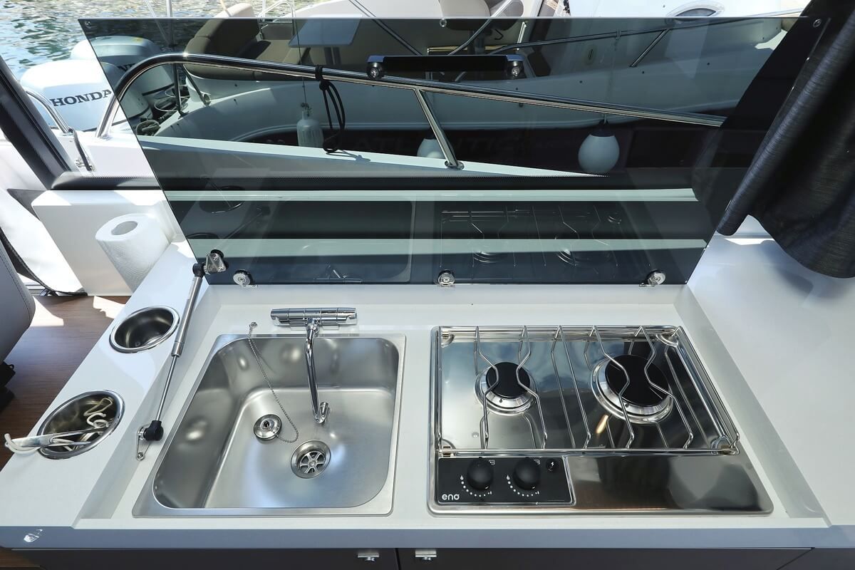 Galley of Solis, a Beneteau Antares 11 Fly OB motorboat at Grad Biograd na Moru, Croatia