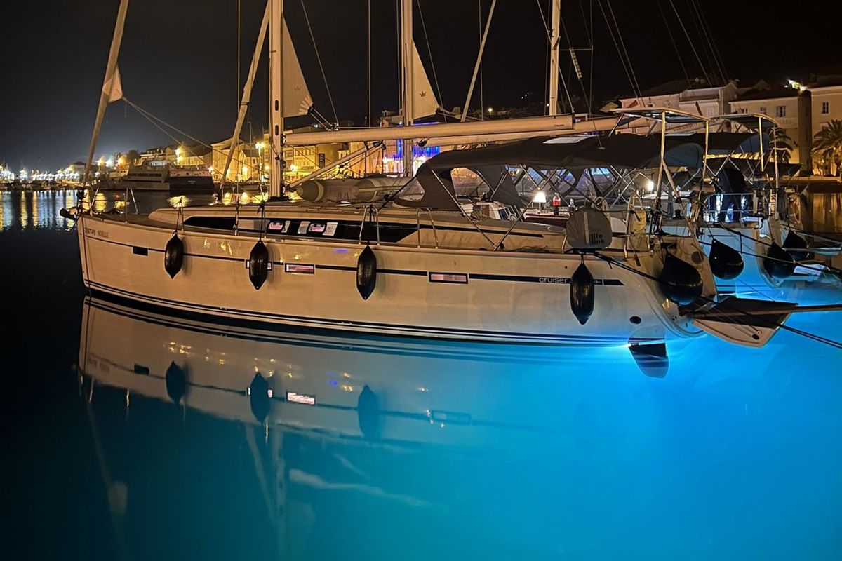 Exterior view of Noelle, a Bavaria Cruiser 46 sailboat at Grad Pula, Croatia