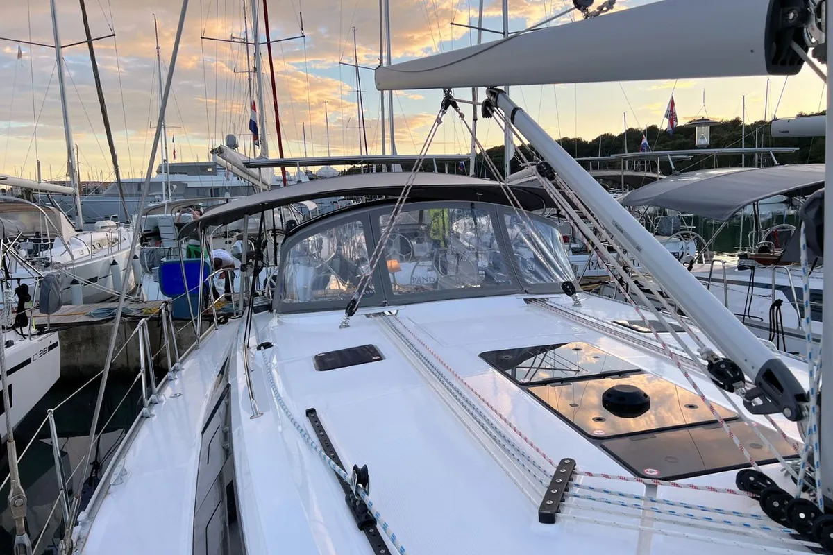 Deck of Noelle, a Bavaria Cruiser 46 sailboat at Grad Pula, Croatia