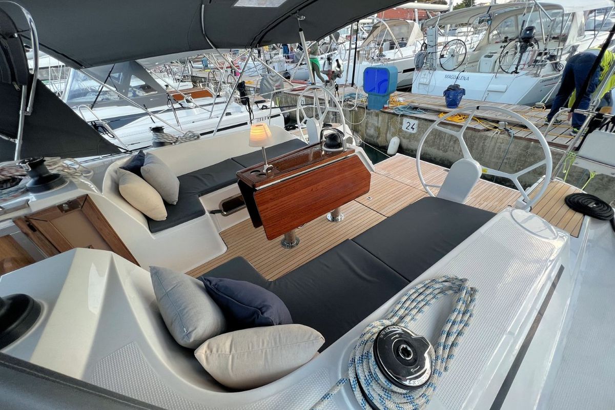 Deck of Noelle, a Bavaria Cruiser 46 sailboat at Grad Pula, Croatia