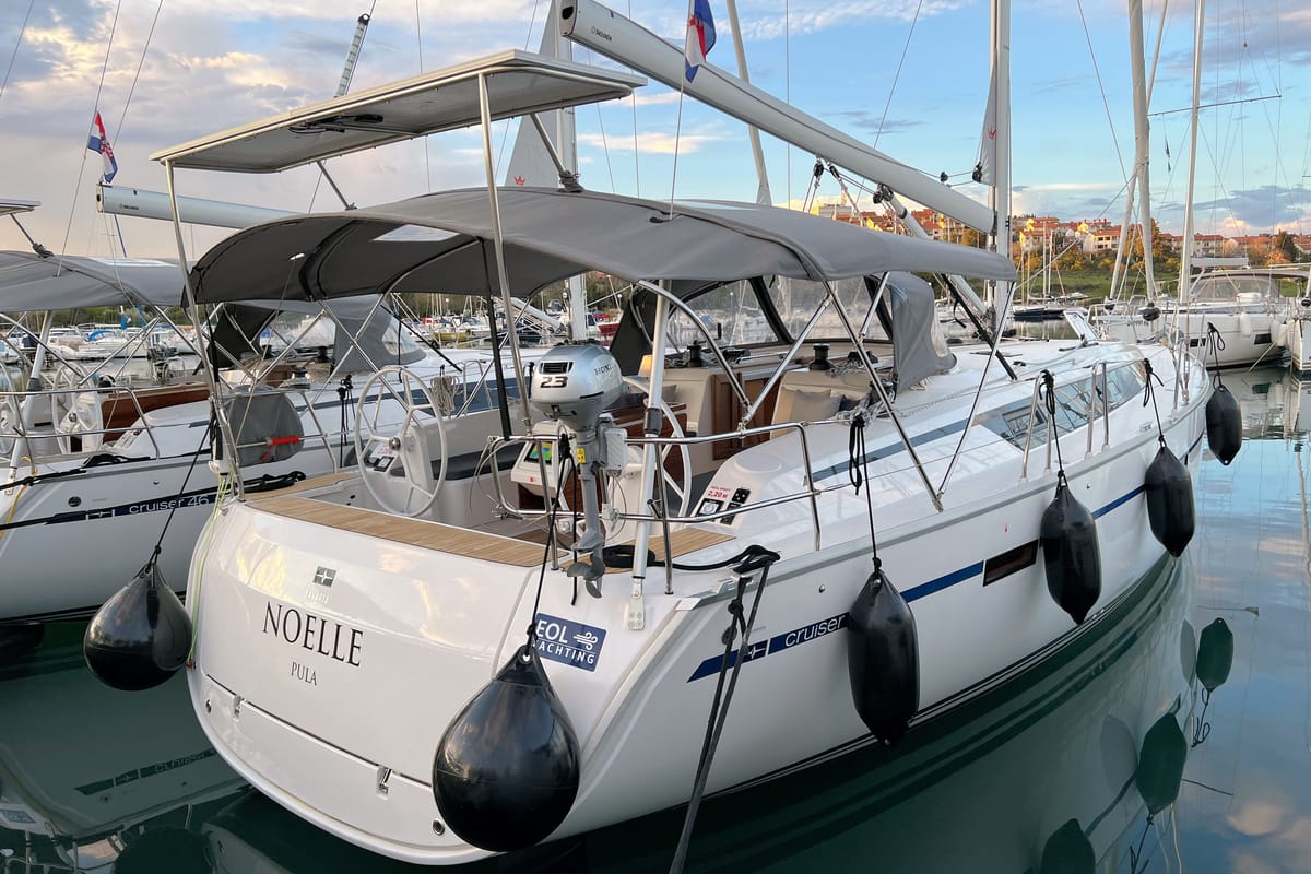 Exterior view of Noelle, a Bavaria Cruiser 46 sailboat at Grad Pula, Croatia