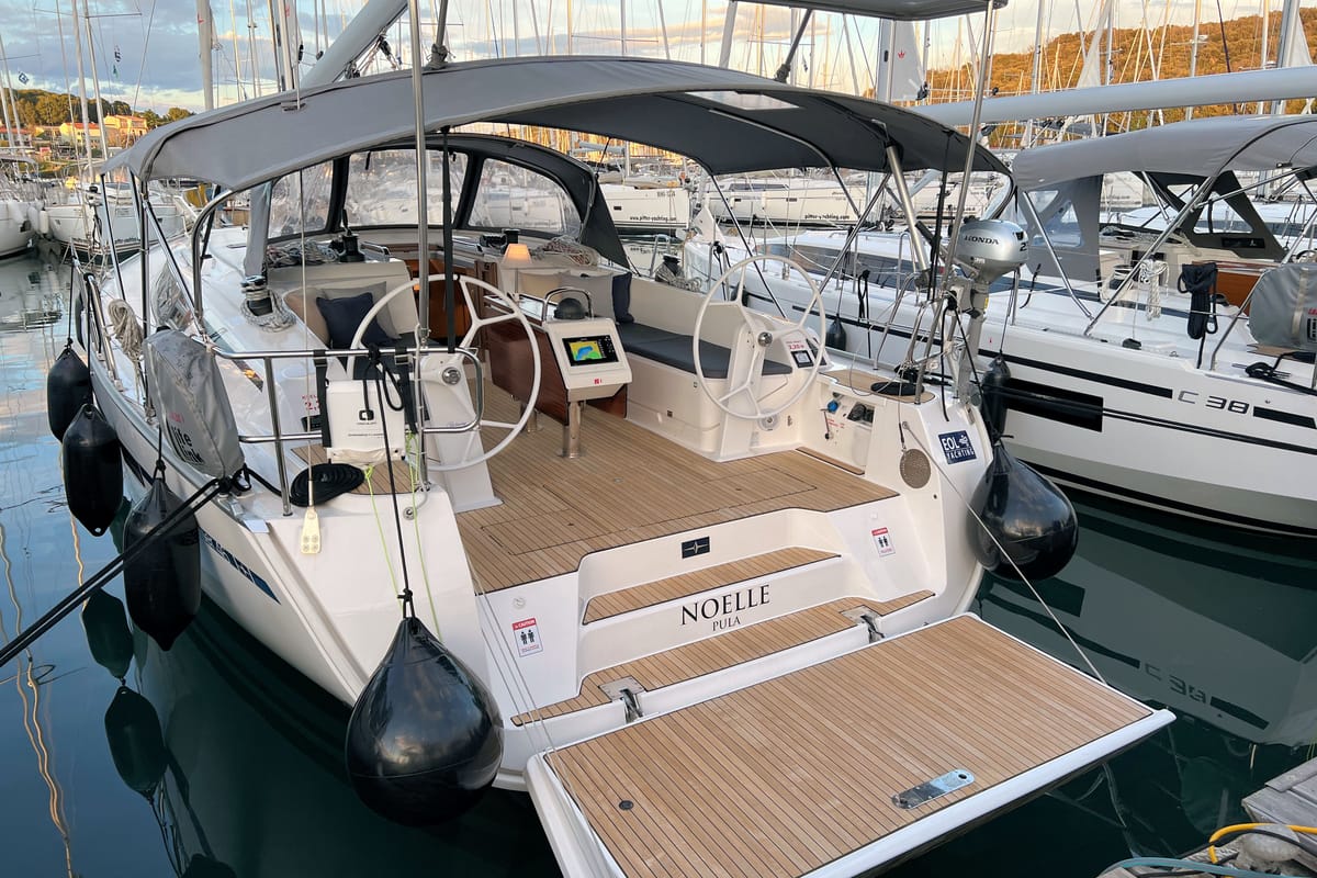 Deck of Noelle, a Bavaria Cruiser 46 sailboat at Grad Pula, Croatia