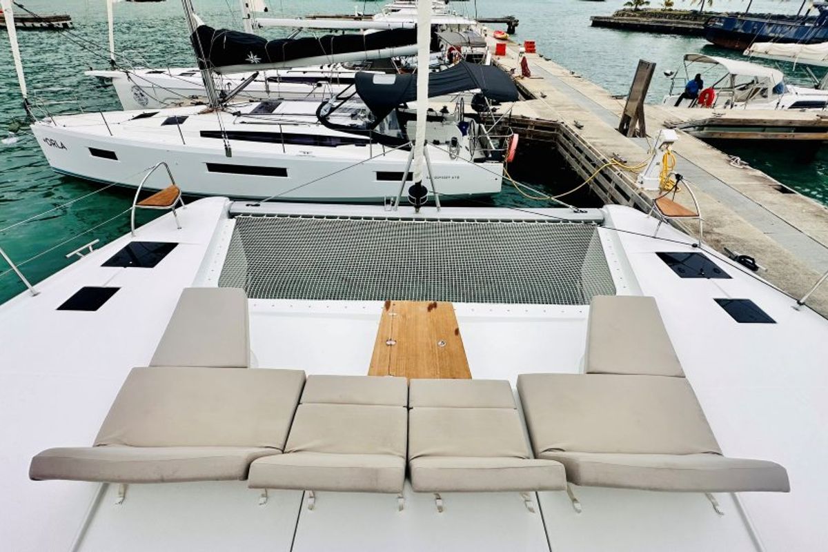 Deck of Freedom, a Fountaine Pajot Aura 51 catamaran at Road Town, British Virgin Islands