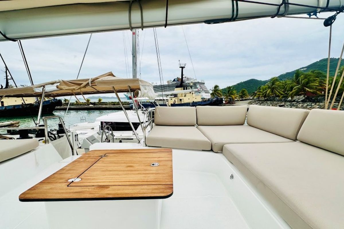 Deck of Freedom, a Fountaine Pajot Aura 51 catamaran at Road Town, British Virgin Islands