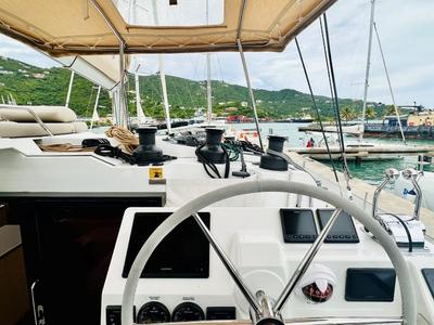 Cockpit of Freedom, a Fountaine Pajot Aura 51 catamaran at Road Town, British Virgin Islands