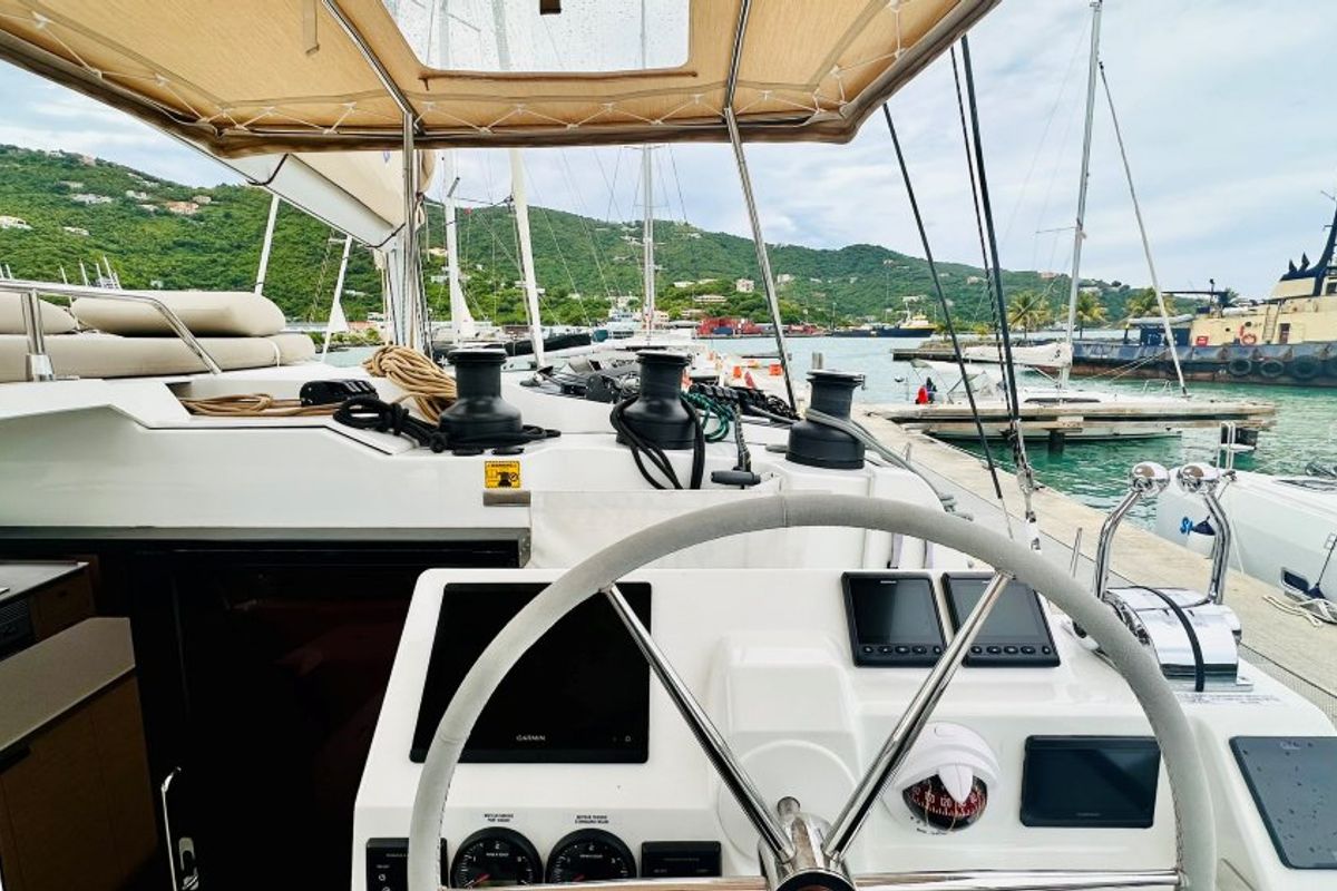 Cockpit of Freedom, a Fountaine Pajot Aura 51 catamaran at Road Town, British Virgin Islands