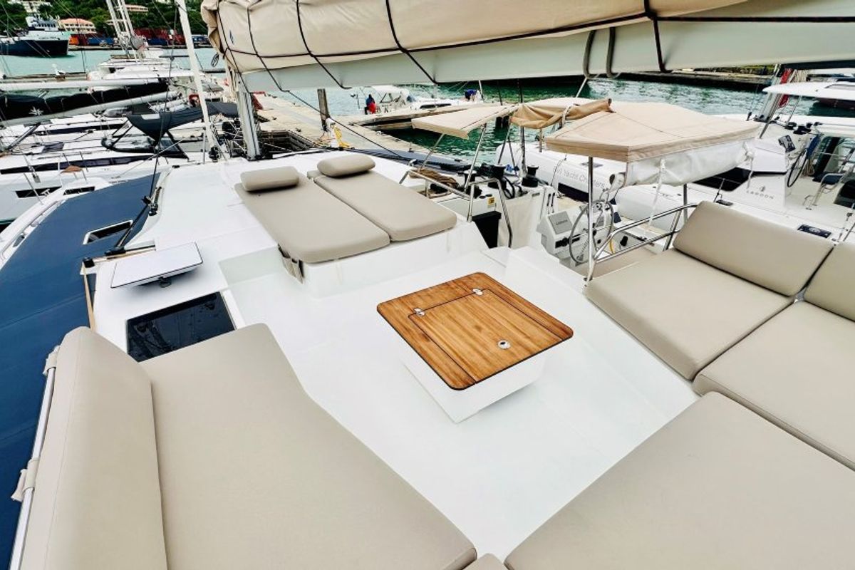 Deck of Freedom, a Fountaine Pajot Aura 51 catamaran at Road Town, British Virgin Islands