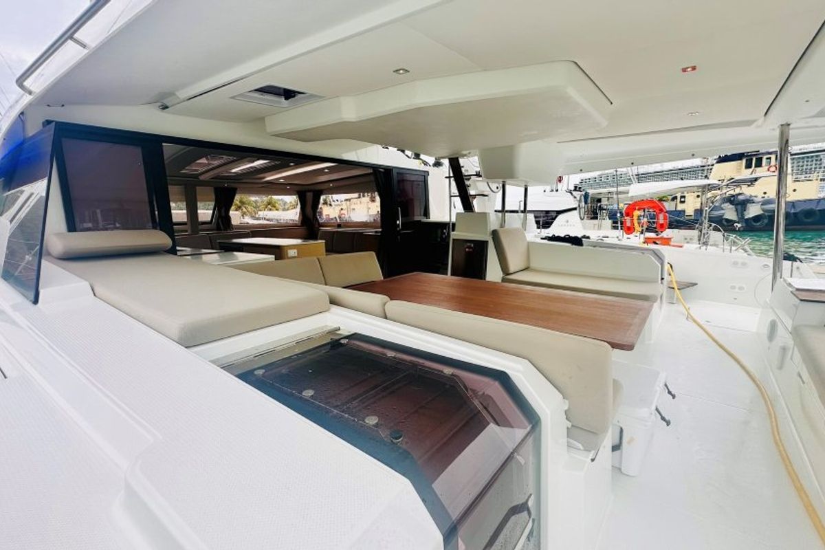 Deck of Freedom, a Fountaine Pajot Aura 51 catamaran at Road Town, British Virgin Islands