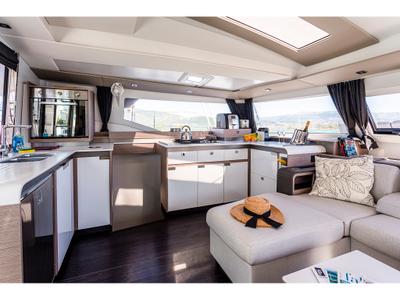 Salon of Ambrosia, a Fountaine Pajot Elba 45 catamaran at Municipal Unit of Lefkada, Greece
