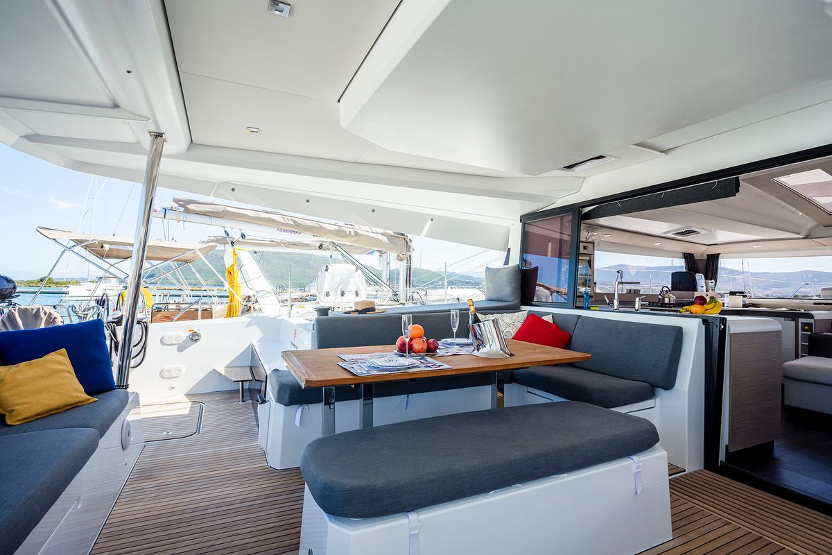 Deck of Ambrosia, a Fountaine Pajot Elba 45 catamaran at Municipal Unit of Lefkada, Greece