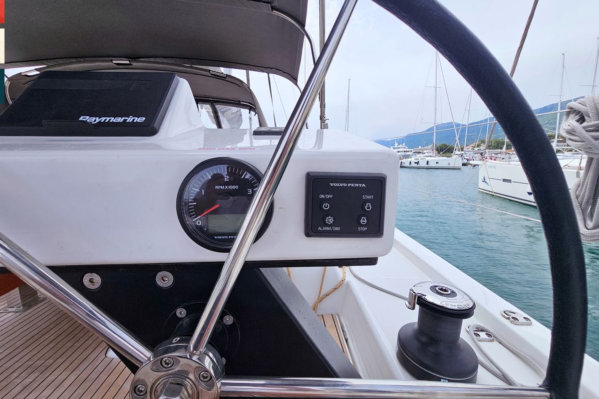 Cockpit of Sonata, a Dufour 470 sailboat at Općina Rogoznica, Croatia