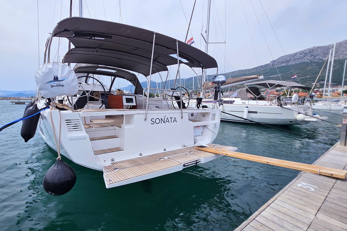 Exterior view of Sonata, a Dufour 470 sailboat at Općina Rogoznica, Croatia