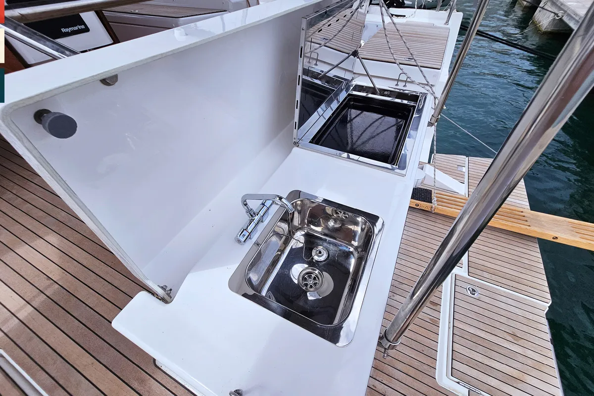 Deck of Sonata, a Dufour 470 sailboat at Općina Rogoznica, Croatia