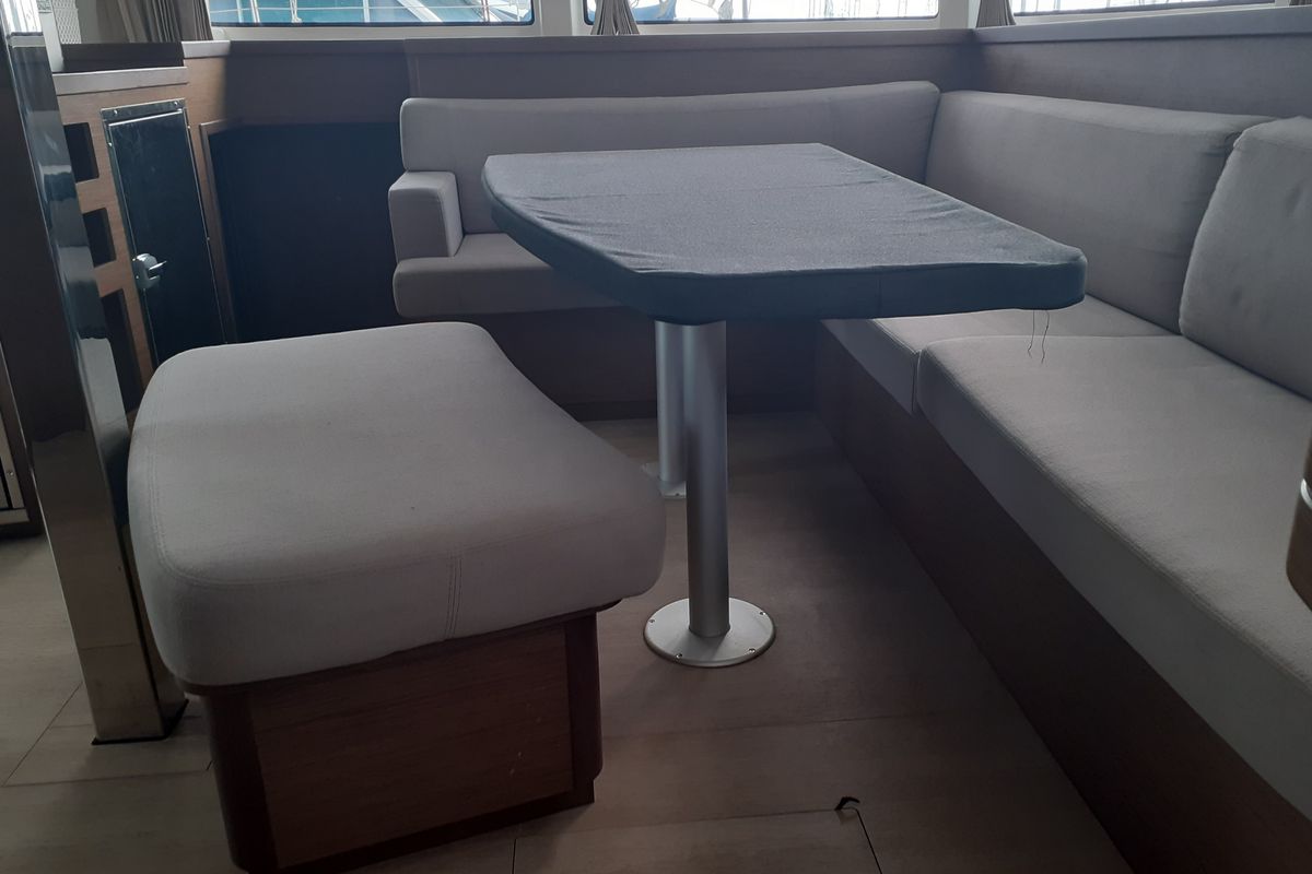 Salon of Le Gaspésien, a Lagoon 42 catamaran at Alameda, United States
