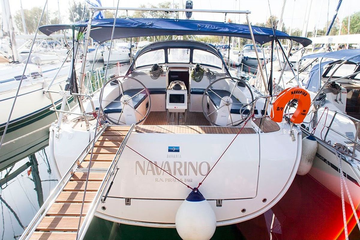 Exterior view of S/Y Navarino, a Bavaria Cruiser 51 sailboat at Kos, Greece