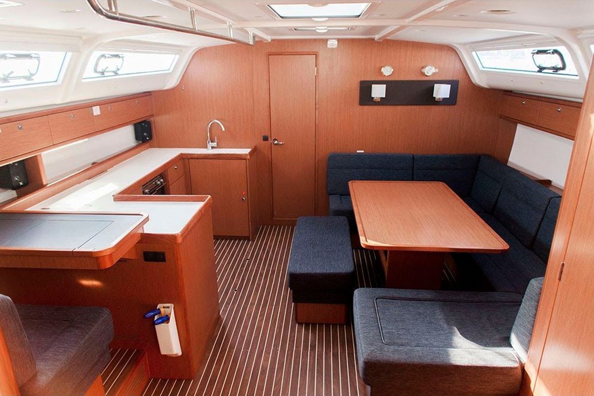 Salon of S/Y Navarino, a Bavaria Cruiser 51 sailboat at Kos, Greece