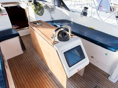 Cockpit of S/Y Navarino, a Bavaria Cruiser 51 sailboat at Kos, Greece