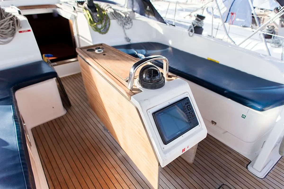 Cockpit of S/Y Navarino, a Bavaria Cruiser 51 sailboat at Kos, Greece